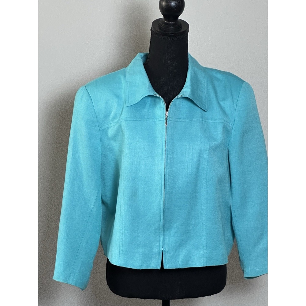 David N Petites Aqua Blue Linen Jacket Zip Up Lightweight‎ Size (14) (See below)